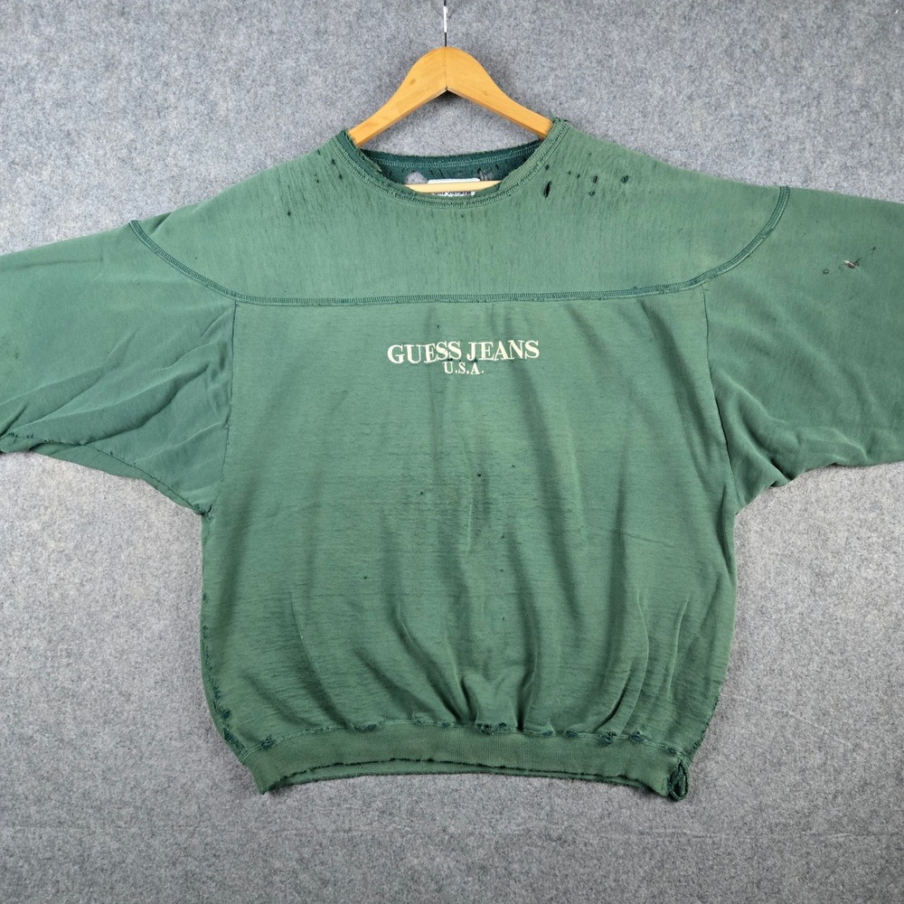 Vintage Guess Jeans Sweatshirt Mens Medium Green Distressed Faded Short Sleeve
